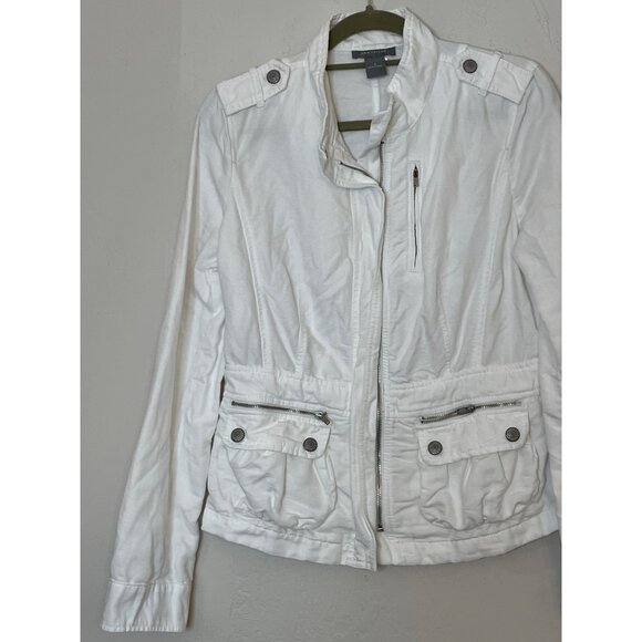 Ann Taylor Linen Cotton Blend White Zipper Front Denim Utility Jacket Size 8 - Picture 2 of 10